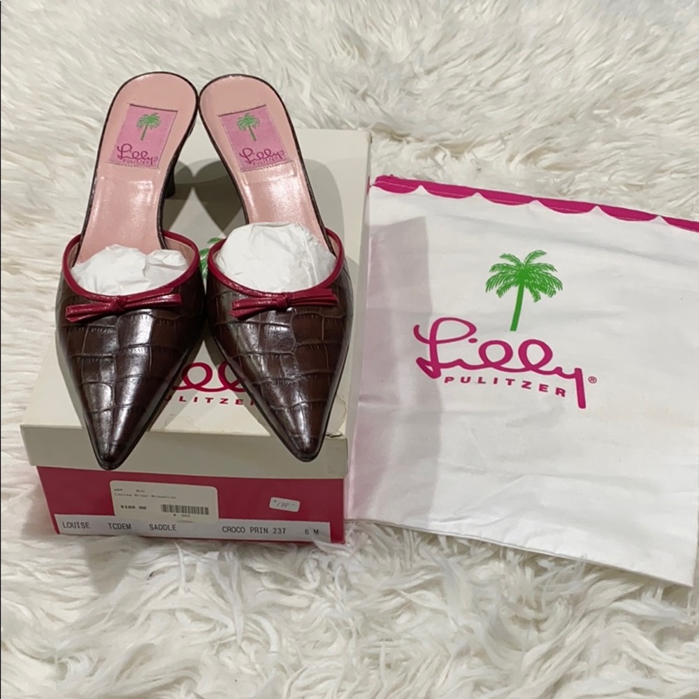 Lilly Pulitzer Louise Brown Croc Kitten Heel Mules - Picture 2 of 11